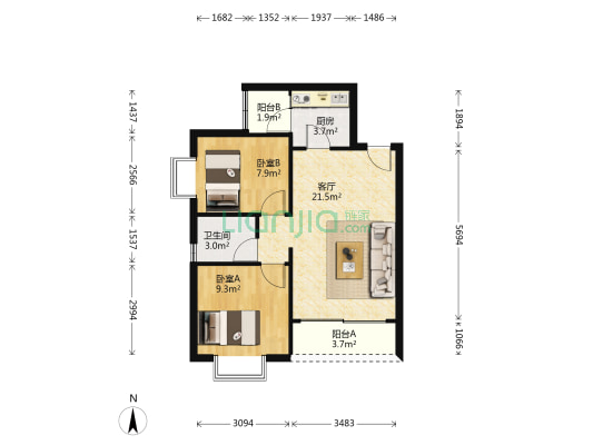 党恩雅苑 2室1厅1卫 70平方