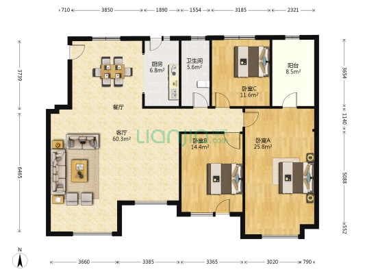 高新和园 3室1厅1卫 171平方