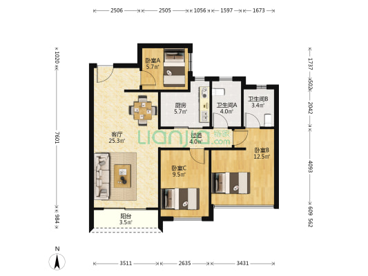 华晖瑞禧 3室1厅2卫 100平方