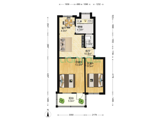 乡镇企业单位宿舍 2室2厅1卫 65平方