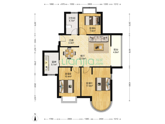 龙族峰景花园四期 3室1厅1卫 113平方