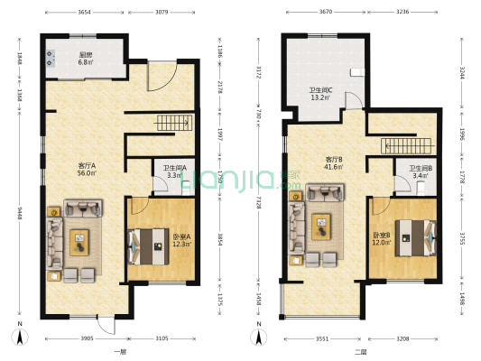 世茂国风龙院一期 2室2厅3卫 146平方