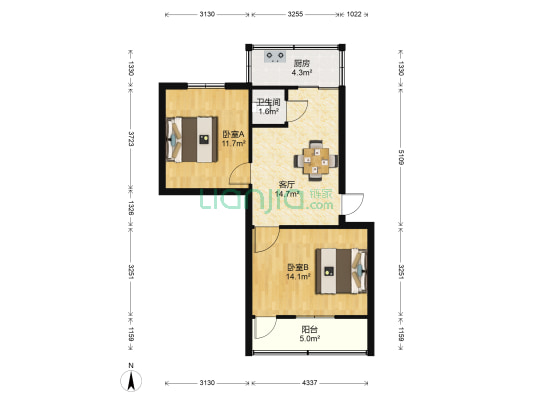 一环路南二段20号 2室1厅1卫 55平方