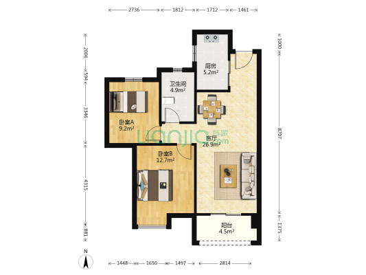 武汉国博新城锦江府 2室1厅1卫 85平方