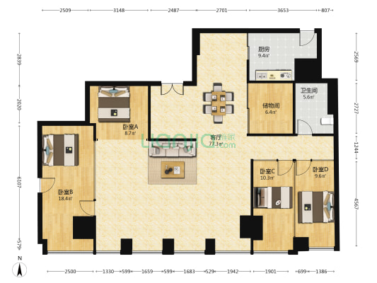 泛海国际SOHO城 4室1厅1卫 223平方