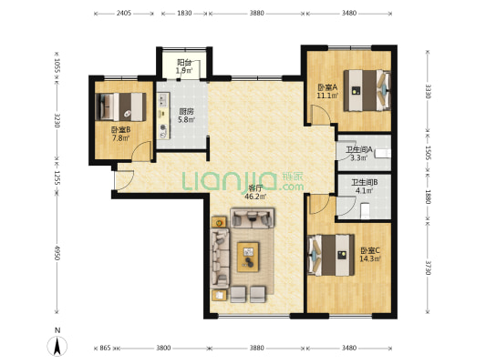 哈东华府 3室1厅2卫 131平方