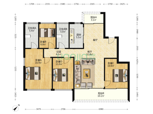 融创云水观棠二期 4室1厅2卫 128平方