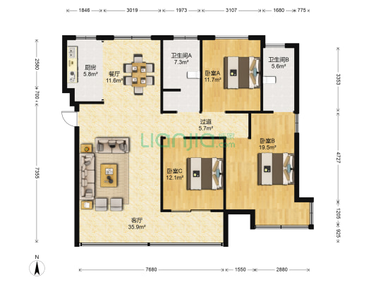 友邦壹号公馆 3室2厅2卫 124平方