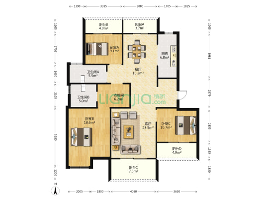 十里风荷B区 3室2厅2卫 127平方