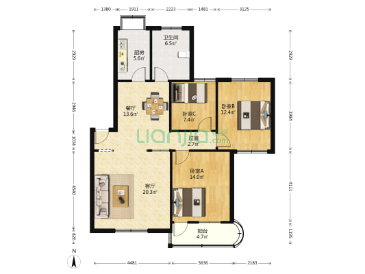 怡景花园 3室2厅1卫 104平方