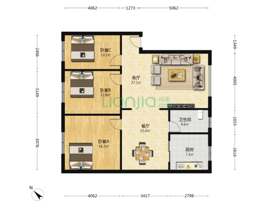 北山一支路 3室2厅1卫 117平方
