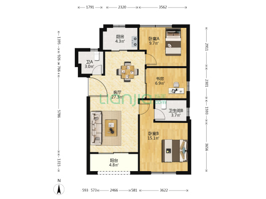 大安风华 3室1厅2卫 112平方