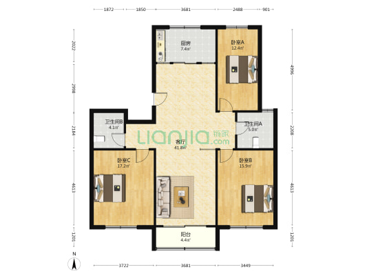 新洋花园 3室1厅2卫 131平方