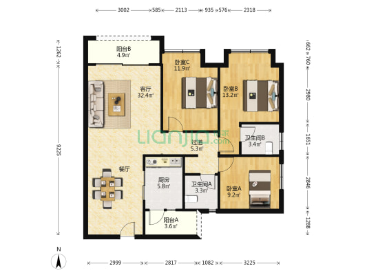 华科蔚来云著 3室1厅2卫 116平方