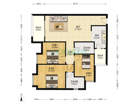 金瓯理工国际 3室1厅2卫 115平方