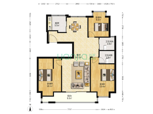 戈恬家园 3室1厅2卫 128平方