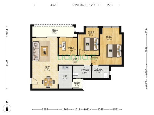 泊云府 3室1厅2卫 87平方
