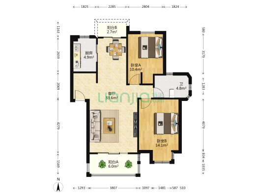 英国小镇彩舞园 2室1厅1卫 88平方