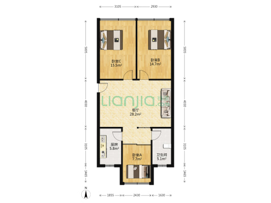 广电宿舍 3室1厅1卫 92平方