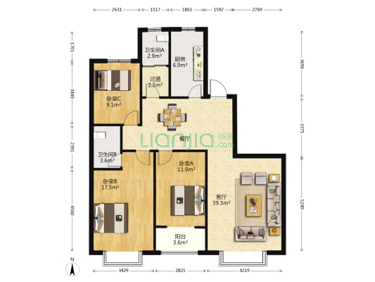 裕隆苑小区 3室1厅2卫 141平方