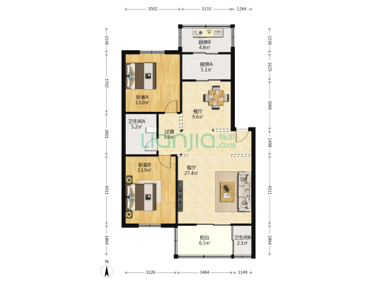 陕交院家属院 2室2厅2卫 94平方