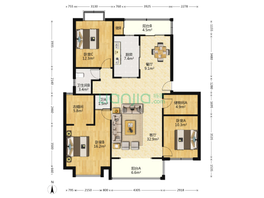 锦绣江南五期(公寓) 3室2厅2卫 143平方