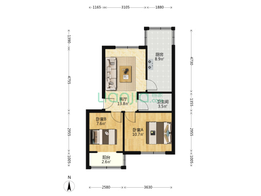 南北通透两居室 满五税费低 停车方便户型方正-户型图