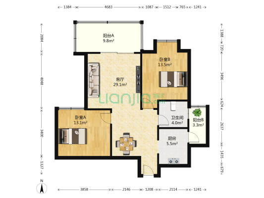 尚东美林一区 2室1厅1卫 89平方