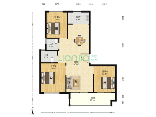云璟苑 3室1厅2卫 130平方