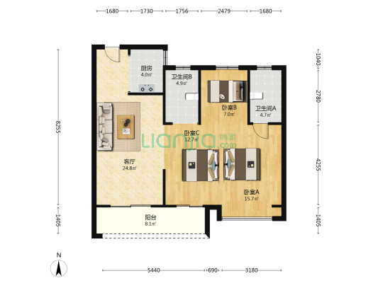 秀川锦苑 3室1厅2卫 104平方