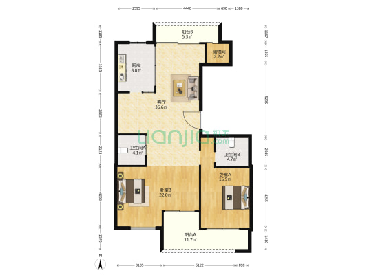 渔港花园 2室1厅2卫 150平方