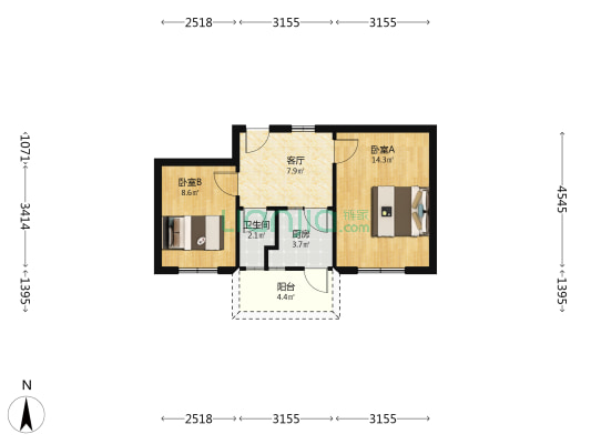 粮食三库宿舍 2室1厅1卫 48平方