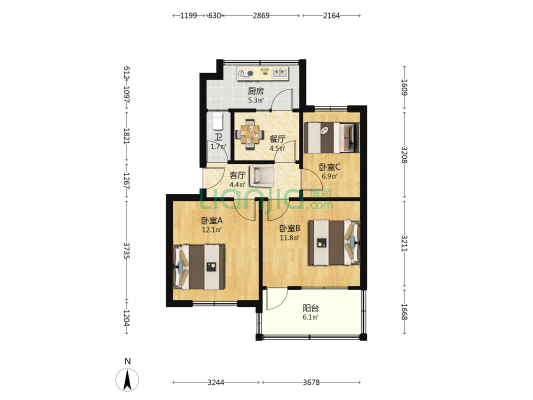 轴承厂住宅楼 3室2厅1卫 61平方