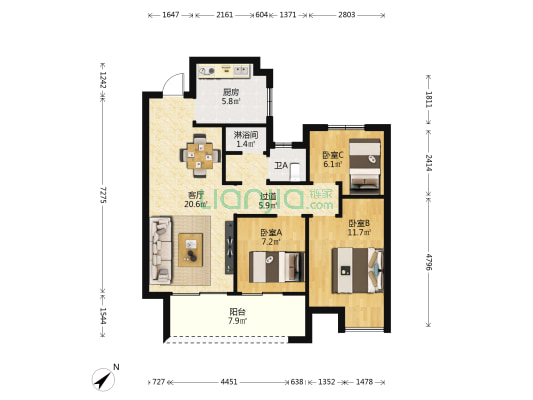 天地源上唐府 3室1厅2卫 88平方