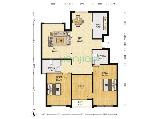 碧海星辰 2室2厅2卫 131平方