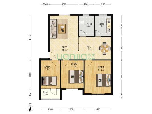 太平洋花苑三期 3室2厅1卫 103平方