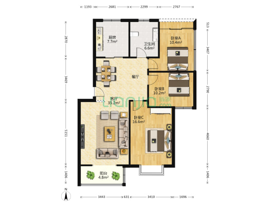 金色嘉园 3室1厅1卫 105平方