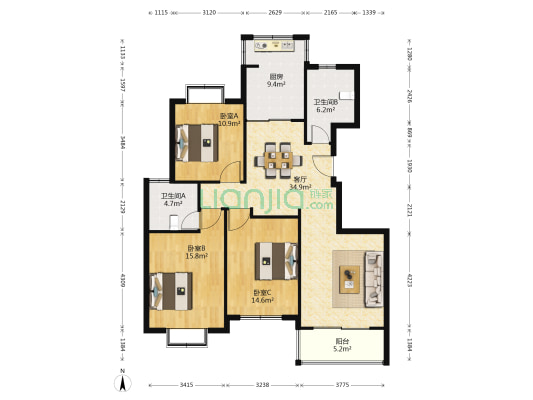 丽景江南 3室1厅2卫 129平方