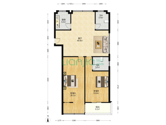 带湖路48号 2室1厅2卫 124平方
