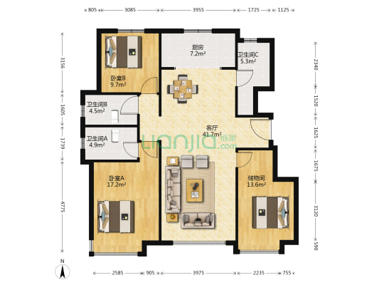 逸溪苑 2室1厅3卫 128平方