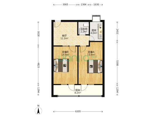 江汉北路18号 2室1厅1卫 68平方