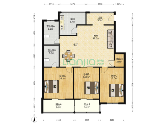 世纪名邸 3室1厅2卫 127平方