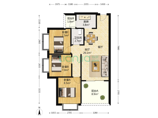 凯业花园 3室1厅1卫 88平方