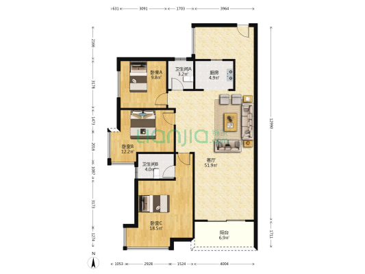 聚龙天誉湾二期 3室1厅2卫 110平方