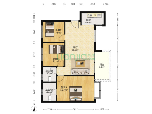 碧桂园天誉 3室1厅2卫 105平方