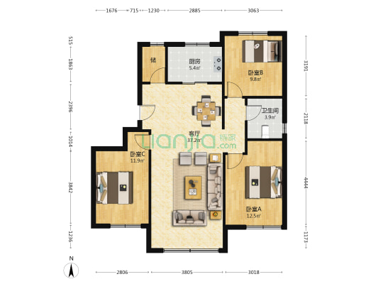 保利时光印象 3室1厅1卫 108平方