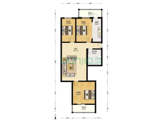 育人里小区 3室1厅1卫 124平方