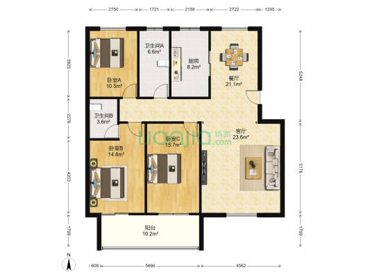 银岭世家 3室2厅2卫 143平方