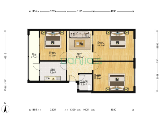 廉新街26号 3室1厅1卫 104平方