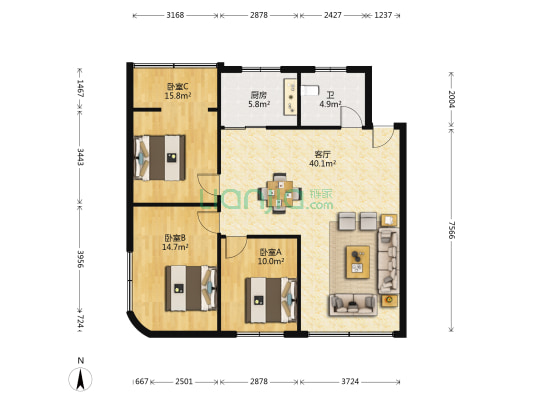 龙达街 3室1厅1卫 108平方